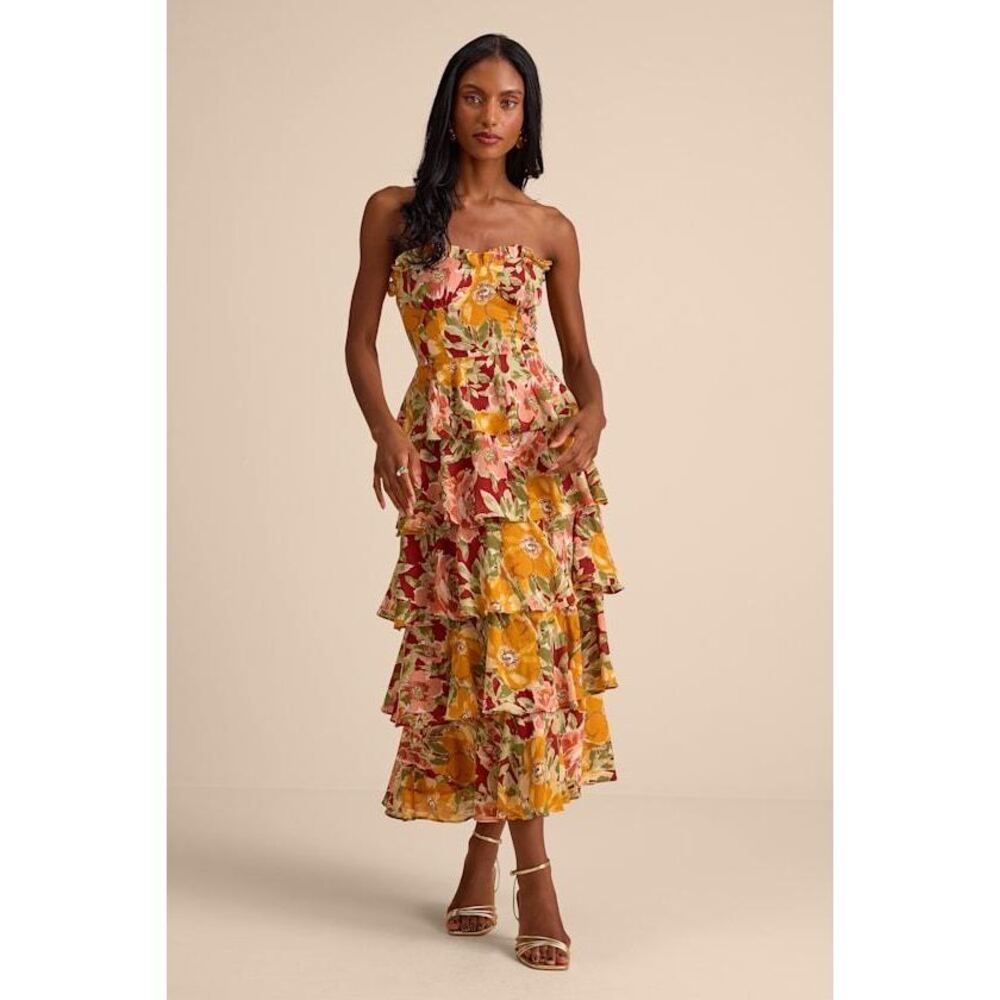 Lulus Nahya Yellow Multi Floral Strapless Tiered Midi Dress - Size XL